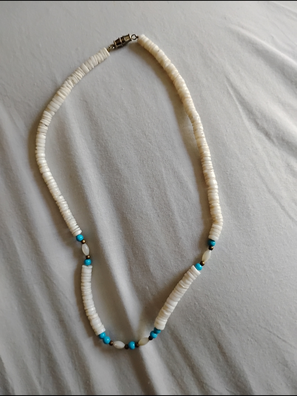 White Shell Bead Necklace with Turquoise Accents